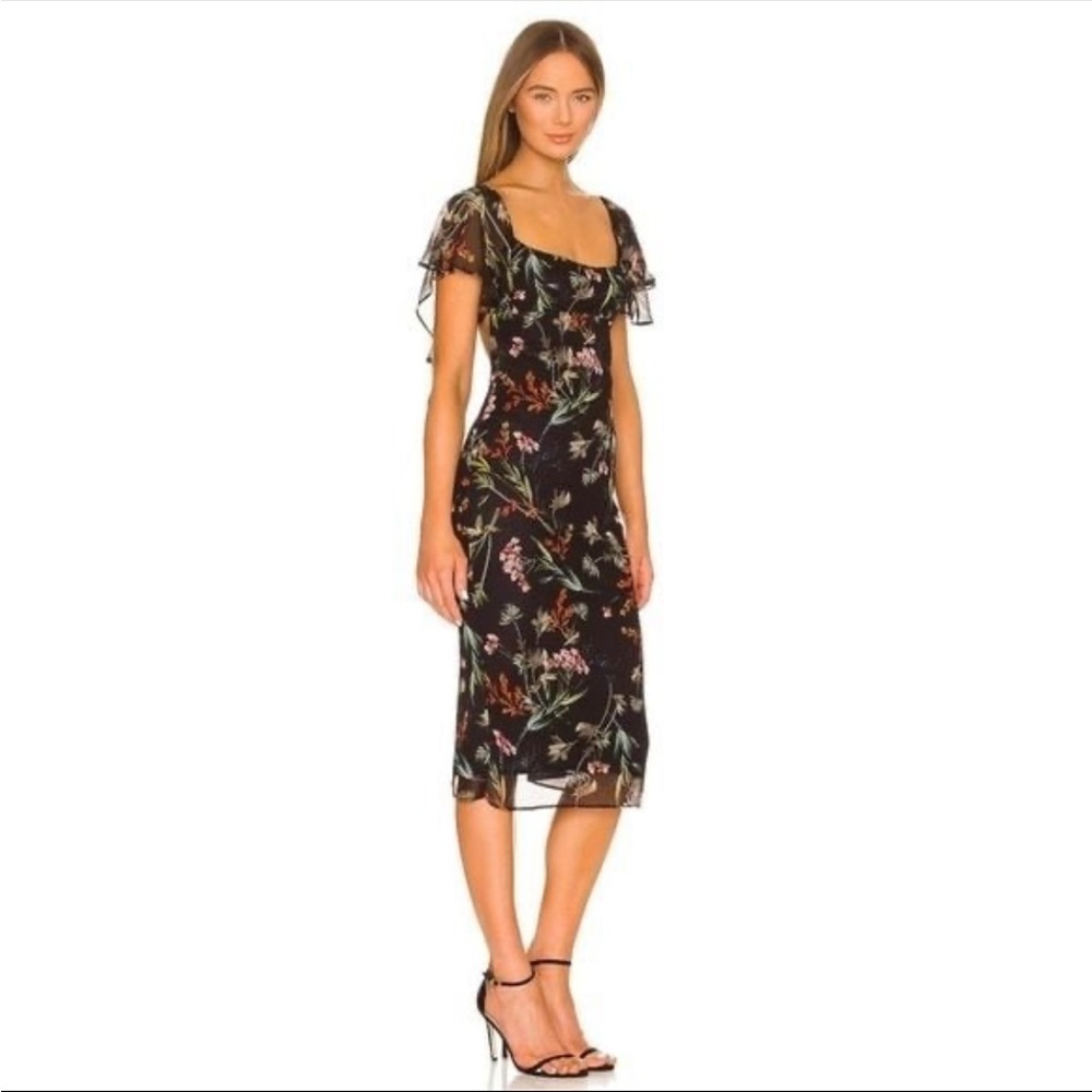 $345 NWT Katie May Posh Dress M Black Floral Chiffon Ruffle Midi Open Back - Picture 2 of 5